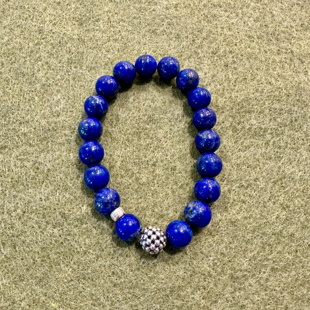 Lapis Silver Station Bead Bracelet